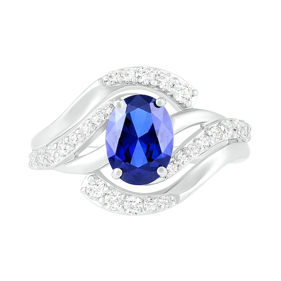 Oval Lab-Created Blue and White Sapphire Wave Bypass Split Shank Ring in Sterling Silver