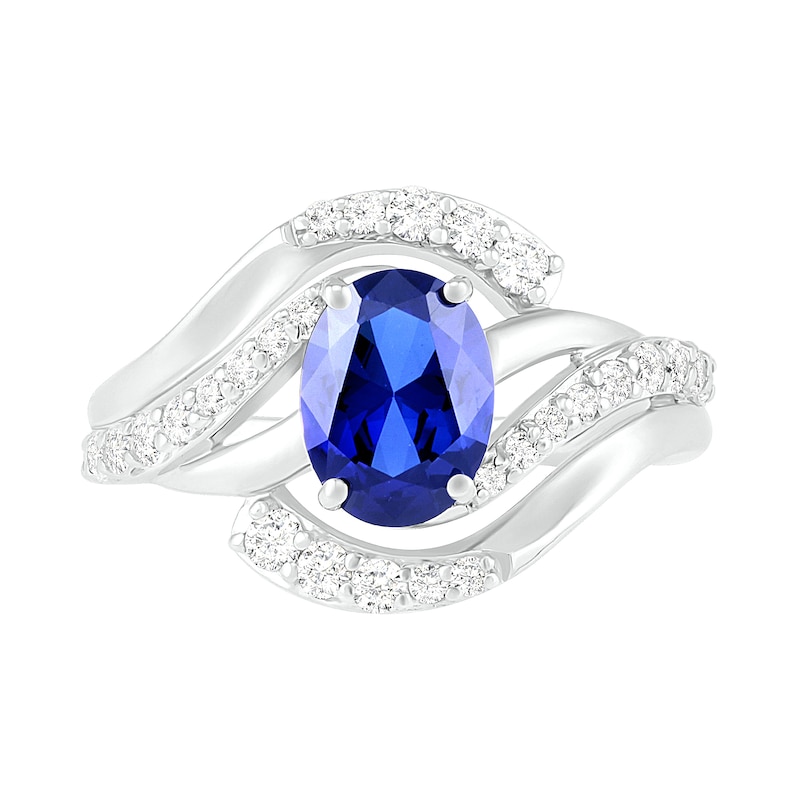 Oval Lab-Created Blue and White Sapphire Wave Bypass Split Shank Ring in Sterling Silver|Peoples Jewellers