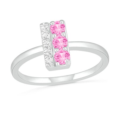 3.0mm Lab-Created Pink and White Sapphire Double Row Bar Ring in Sterling Silver