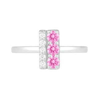 3.0mm Lab-Created Pink and White Sapphire Double Row Bar Ring in Sterling Silver