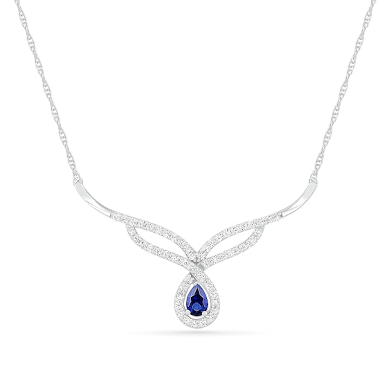 Pear-Shaped Lab-Created Blue and White Sapphire Frame Teardrop Chevron Necklace in Sterling Silver