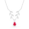 Pear-Shaped Lab-Created Ruby and White Sapphire Border Leafy Branch Deep Chevron Necklace in Sterling Silver