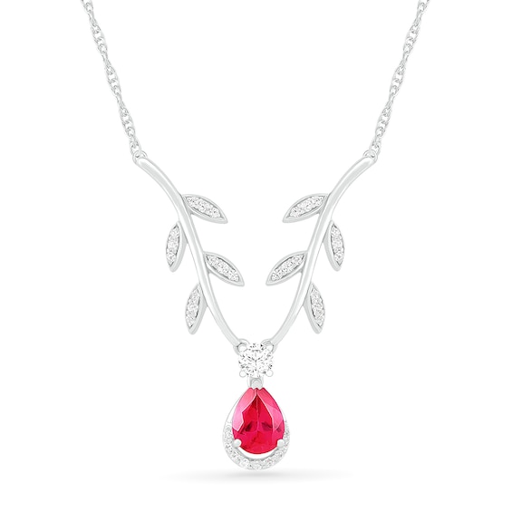 Pear-Shaped Lab-Created Ruby and White Sapphire Border Leafy Branch Deep Chevron Necklace in Sterling Silver