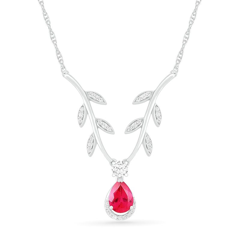 Pear-Shaped Lab-Created Ruby and White Sapphire Border Leafy Branch Deep Chevron Necklace in Sterling Silver|Peoples Jewellers