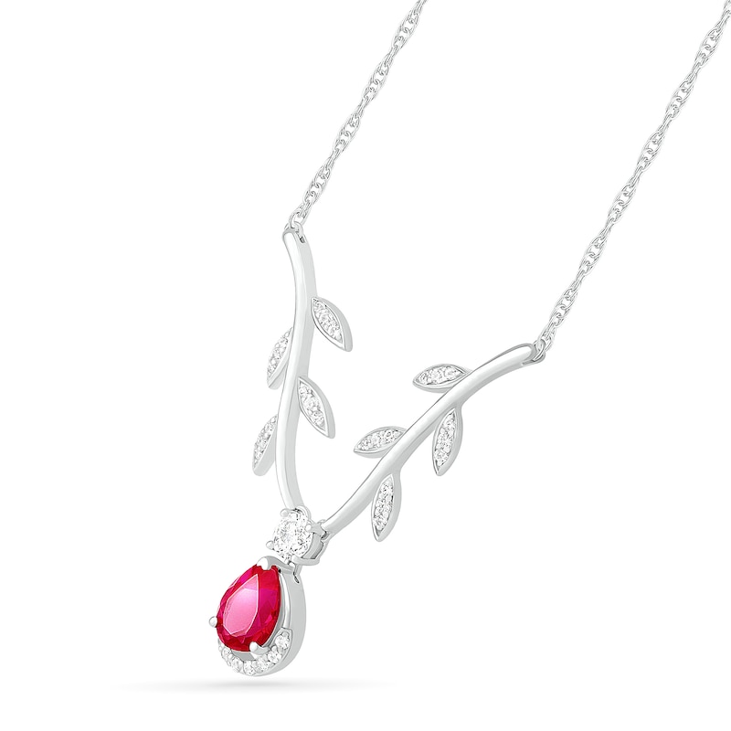 Pear-Shaped Lab-Created Ruby and White Sapphire Border Leafy Branch Deep Chevron Necklace in Sterling Silver|Peoples Jewellers