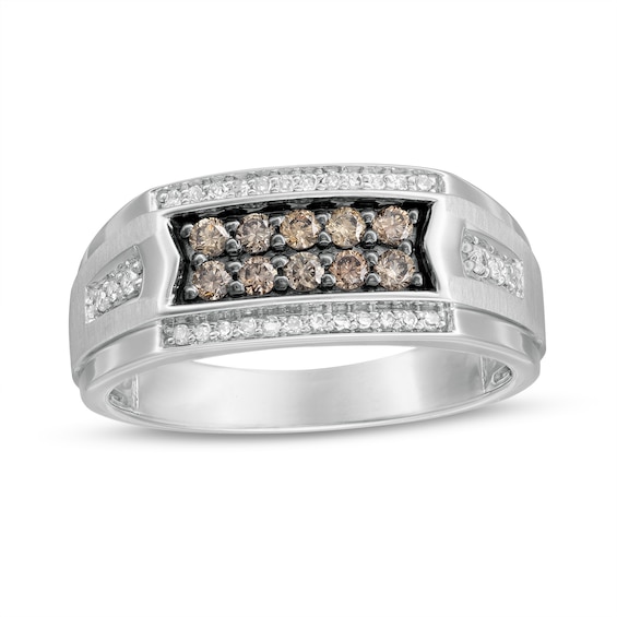 Men's 0.50 CT. T.W. Champagne and White Diamond Double Row Centre Ribbon Border Side Accent Ring in 10K White Gold