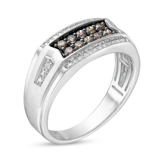 Men's 0.50 CT. T.W. Champagne and White Diamond Double Row Centre Ribbon Border Side Accent Ring in 10K White Gold