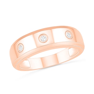 Men's 0.065 CT. T.W. Diamond Three Stone Station Wedding Band in 10K Rose Gold