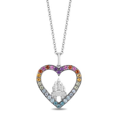 Enchanted Disney Ultimate Princess Celebration Multi-Gemstone and 0.04 CT. T.W. Diamond Heart Pendant in Sterling Silver