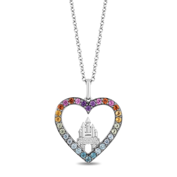 Enchanted Disney Ultimate Princess Celebration Multi-Gemstone and 0.04 CT. T.W. Diamond Heart Pendant in Sterling Silver