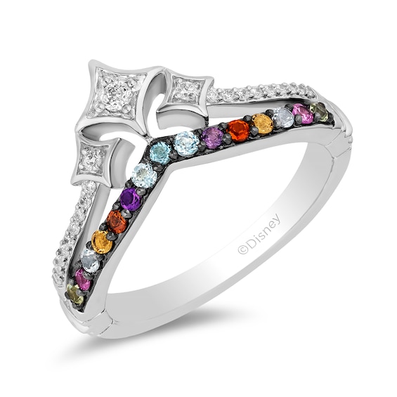 Enchanted Disney Ultimate Princess Celebration Multi-Gemstone and 0.115 CT. T.W. Diamond Tiara Ring in Sterling Silver