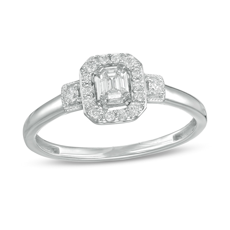 0.25 CT. T.W. Emerald-Cut Diamond Frame Vintage-Style Promise Ring in 10K White Gold|Peoples Jewellers