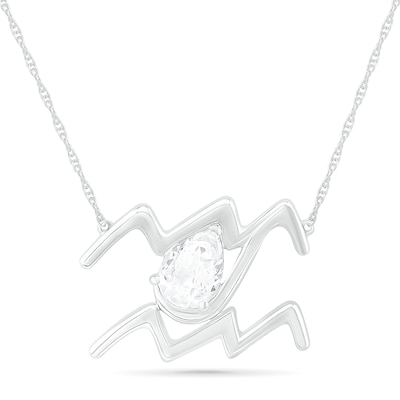 Pear-Shaped White Lab-Created Sapphire Aquarius Zodiac Sign Necklace in Sterling Silver