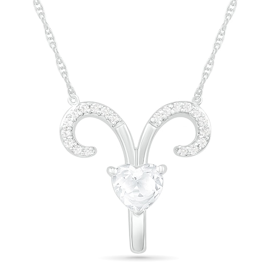 6.0mm Heart-Shaped and Round White Lab-Created Sapphire Aries Zodiac Sign Necklace in Sterling Silver