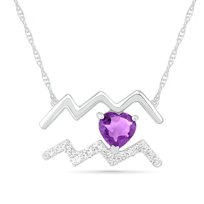 6.0mm Heart-Shaped Amethyst and White Lab-Created Sapphire Aquarius Zodiac Sign Necklace in Sterling Silver