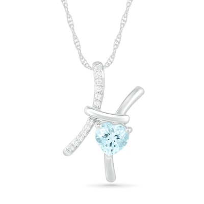 6.0mm Heart-Shaped Simulated Aquamarine and White Lab-Created Sapphire Pisces Zodiac Sign Pendant in Sterling Silver