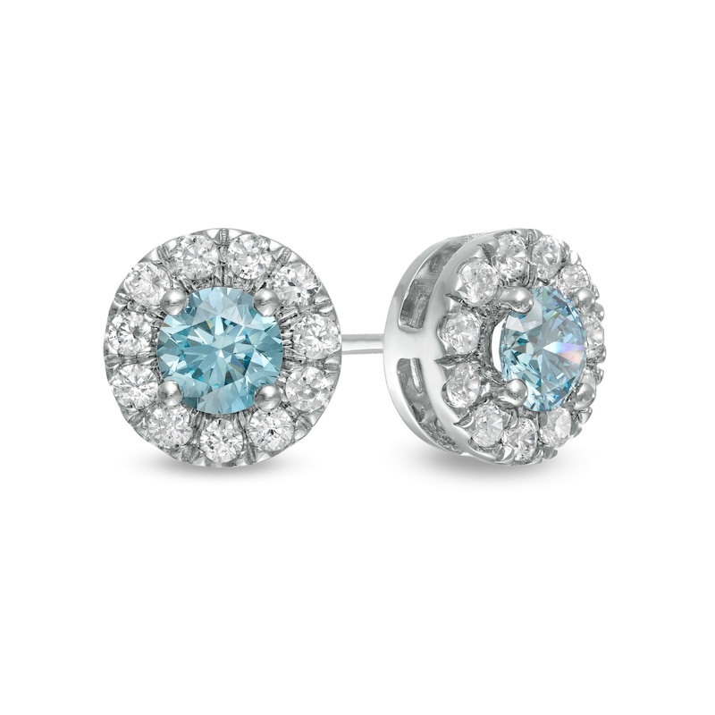 1.00 CT. T.W. Certified Lab-Created Blue and White Diamond Frame Stud ...