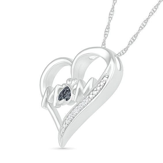 0.04 CT. T.W. Black Enhanced and White Diamond Tilted Heart "MOM" Pendant in Sterling Silver