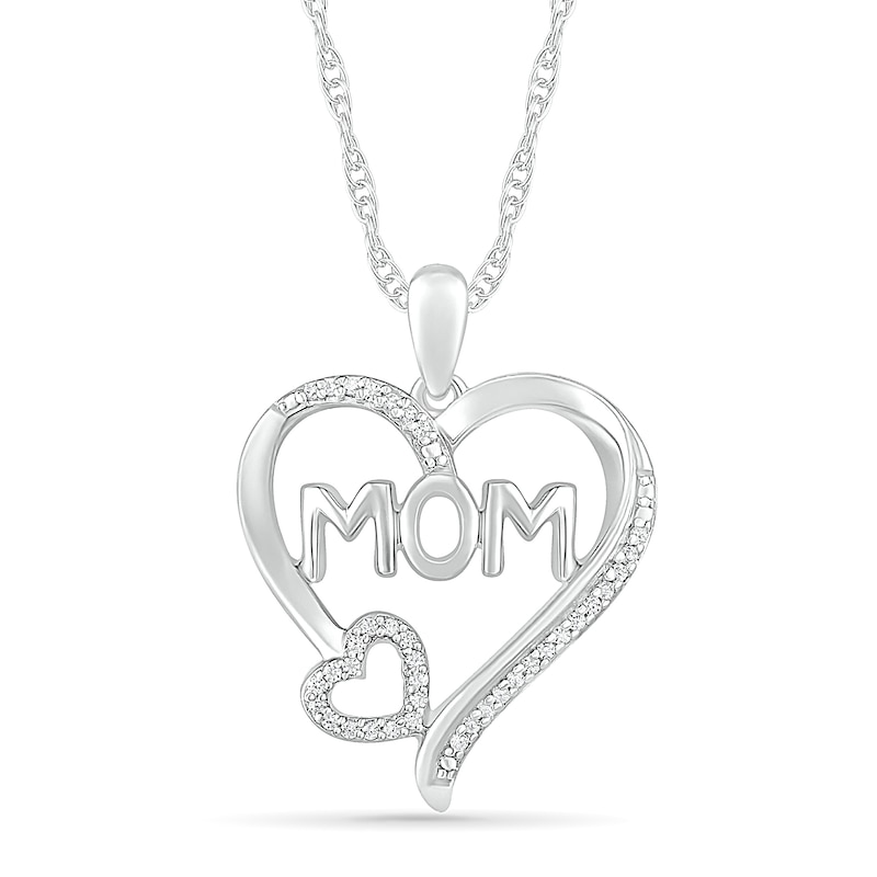 0.085 CT. T.W. Diamond Double Heart "MOM" Pendant in Sterling Silver
