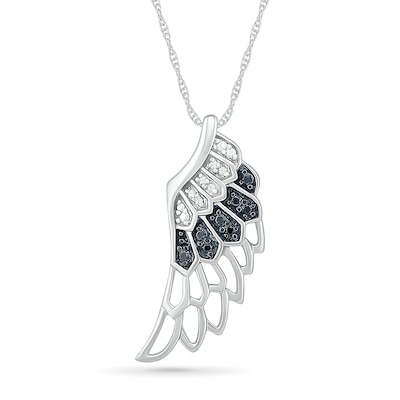 Black Enhanced and White Diamond Accent Angel Wing Pendant in Sterling Silver