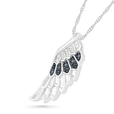 Black Enhanced and White Diamond Accent Angel Wing Pendant in Sterling Silver