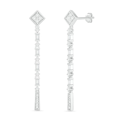 0.45 CT. T.W. Baguette and Round Diamond Linear Drop Earrings in Sterling Silver