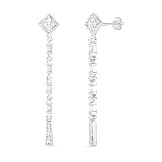 0.45 CT. T.W. Baguette and Round Diamond Linear Drop Earrings in Sterling Silver