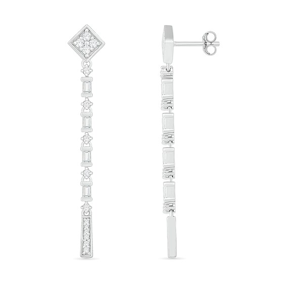 0.45 CT. T.W. Baguette and Round Diamond Linear Drop Earrings in Sterling Silver