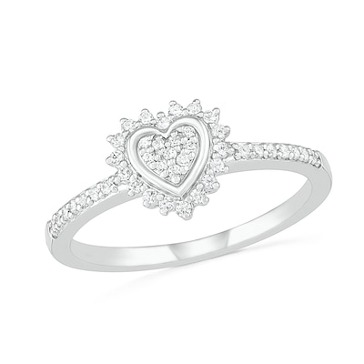 0.18 CT. T.W. Composite Diamond Heart-Shaped Frame Sunburst Ring in Sterling Silver