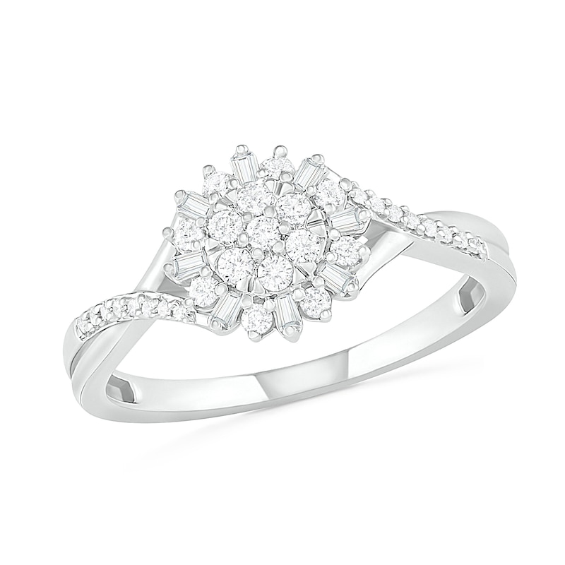 0.23 CT. T.W. Composite Baguette and Round Diamond Split Shank Flower Promise Ring in Sterling Silver|Peoples Jewellers