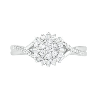 0.23 CT. T.W. Composite Baguette and Round Diamond Split Shank Flower Promise Ring in Sterling Silver