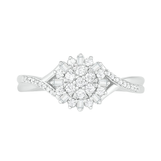 0.23 CT. T.W. Composite Baguette and Round Diamond Split Shank Flower Promise Ring in Sterling Silver