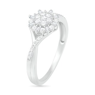 0.23 CT. T.W. Composite Baguette and Round Diamond Split Shank Flower Promise Ring in Sterling Silver