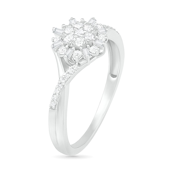 0.23 CT. T.W. Composite Baguette and Round Diamond Split Shank Flower Promise Ring in Sterling Silver