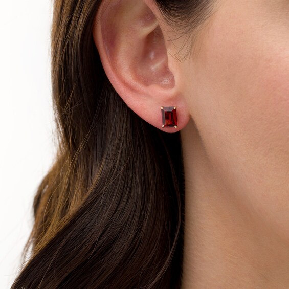 Emerald-Cut Garnet Solitaire Stud Earrings in 10K Gold