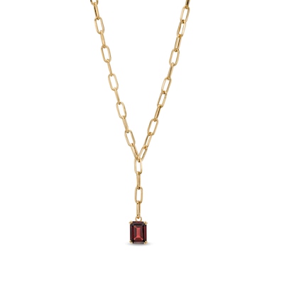 Emerald-Cut Garnet Solitaire and Paper Clip Chain "Y" Necklace in 10K Gold