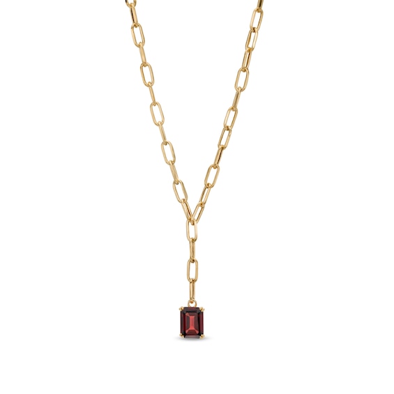 Emerald-Cut Garnet Solitaire and Paper Clip Chain "Y" Necklace in 10K Gold