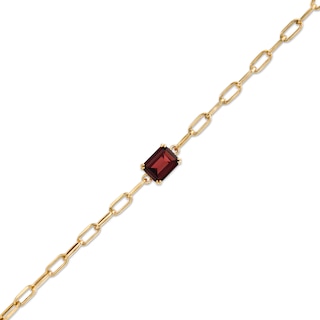 Emerald-Cut Garnet Solitaire and Paper Clip Chain Bracelet in 10K Gold - 7.25"