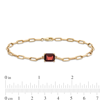 Emerald-Cut Garnet Solitaire and Paper Clip Chain Bracelet in 10K Gold - 7.25"