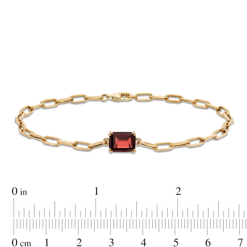 Emerald-Cut Garnet Solitaire and Paper Clip Chain Bracelet in 10K Gold - 7.25"