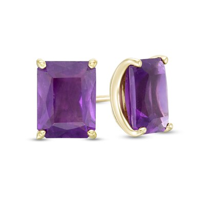 Emerald-Cut Amethyst Solitaire Stud Earrings in 10K Gold