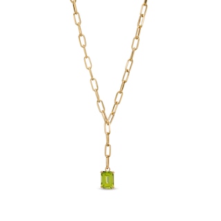 Emerald-Cut Peridot Solitaire and Paper Clip Chain "Y" Necklace in 10K Gold