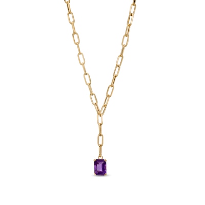 Emerald-Cut Amethyst Solitaire and Paper Clip Chain "Y" Necklace in 10K Gold