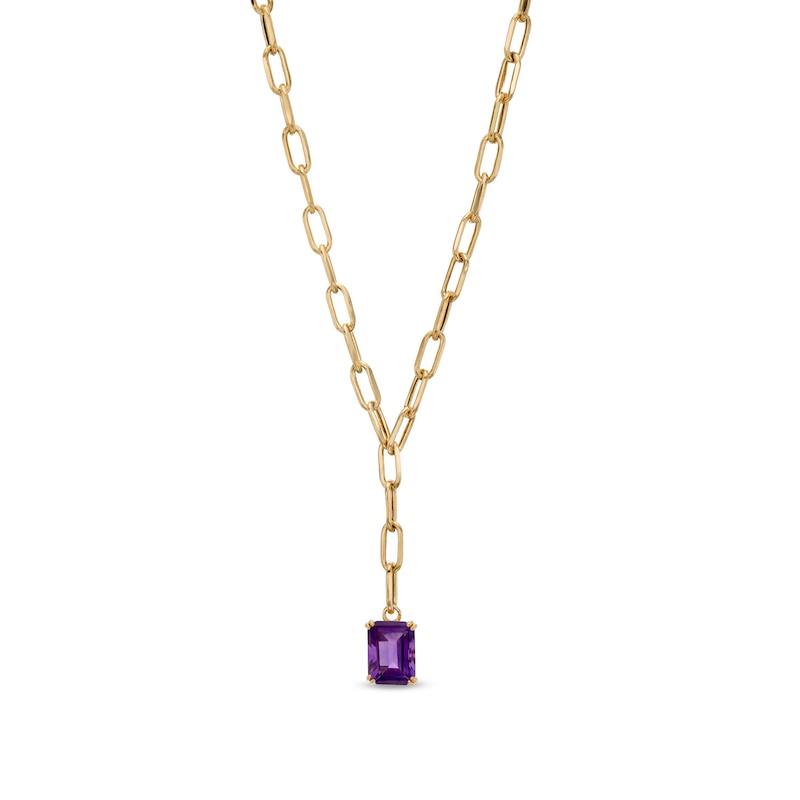 Emerald-Cut Amethyst Solitaire and Paper Clip Chain "Y" Necklace in 10K Gold|Peoples Jewellers