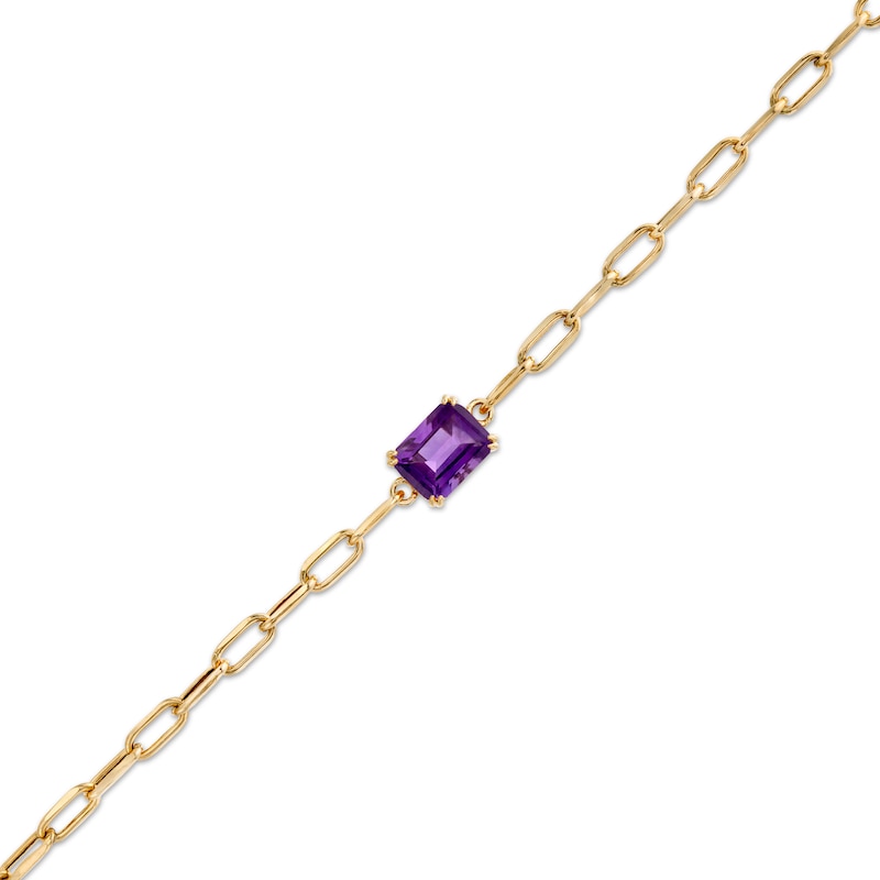 Emerald-Cut Amethyst Solitaire and Paper Clip Chain Bracelet in 10K Gold - 7.25"