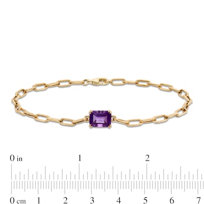 Emerald-Cut Amethyst Solitaire and Paper Clip Chain Bracelet in 10K Gold - 7.25"