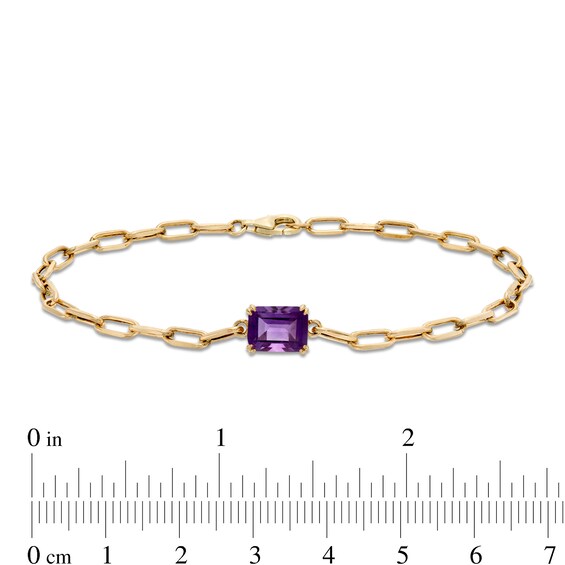 Emerald-Cut Amethyst Solitaire and Paper Clip Chain Bracelet in 10K Gold - 7.25"