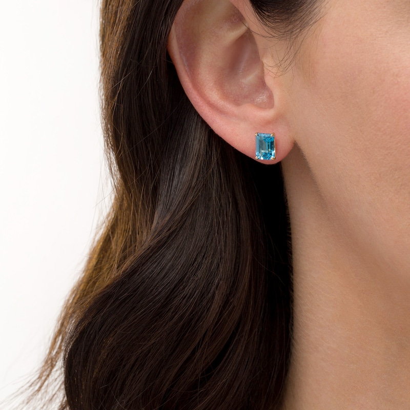 Emerald-Cut Swiss Blue Topaz Solitaire Stud Earrings in 10K Gold|Peoples Jewellers