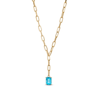 Emerald-Cut Swiss Blue Topaz Solitaire and Paper Clip Chain "Y" Necklace in 10K Gold