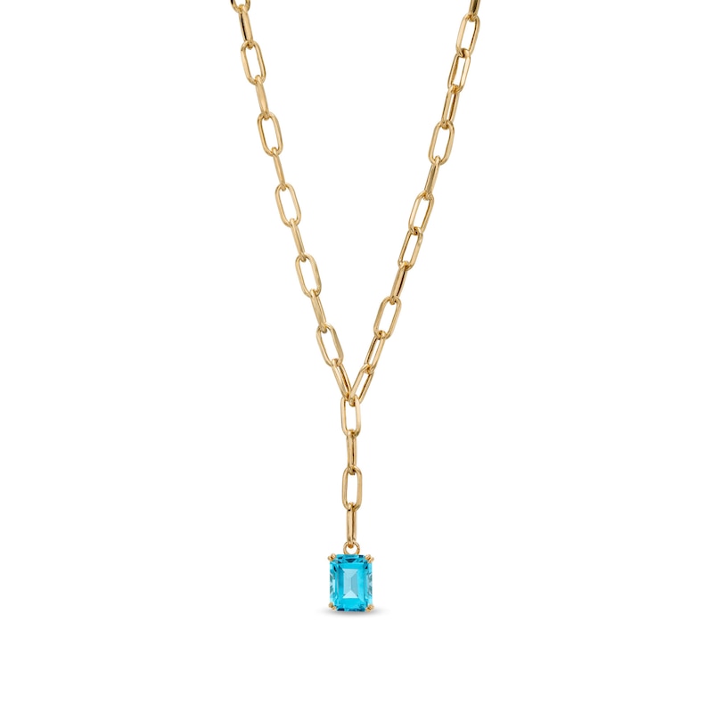 Emerald-Cut Swiss Blue Topaz Solitaire and Paper Clip Chain "Y" Necklace in 10K Gold|Peoples Jewellers